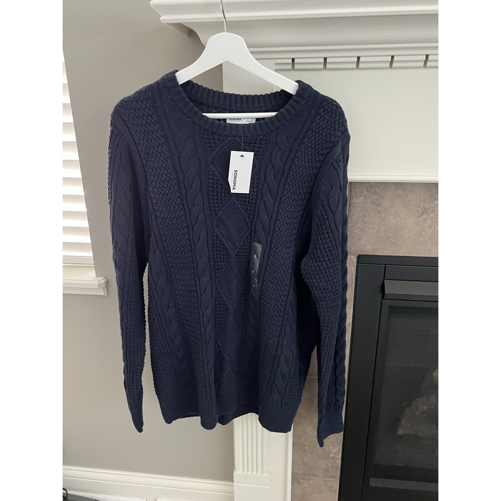 NWT Sonoma Fisherman Sweater Mens Navy Blue Super Soft Crew Neck Cable Knit L